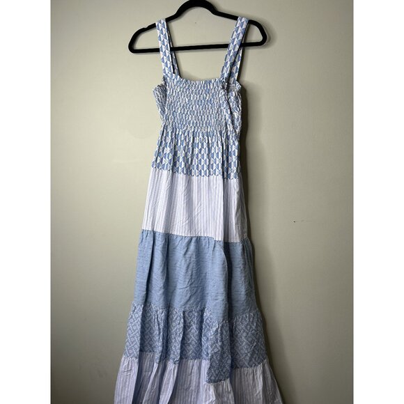 Sandro Tropea Blue Smocked 100% Cotton Tiered Maxi Dress Women's Size FR 42 - Picture 1 of 11